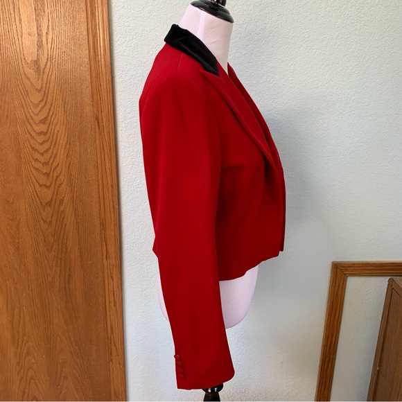 Lauren Ralph Lauren Red Wool Black Velvet Cropped Shoulder Pad Blazer Jacket - Picture 2 of 13